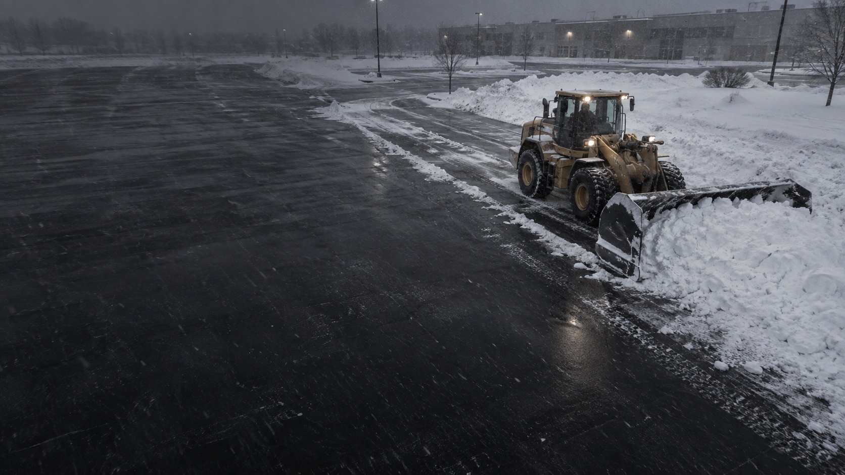 Commercial snow equipment clearing a parking lot in winter
